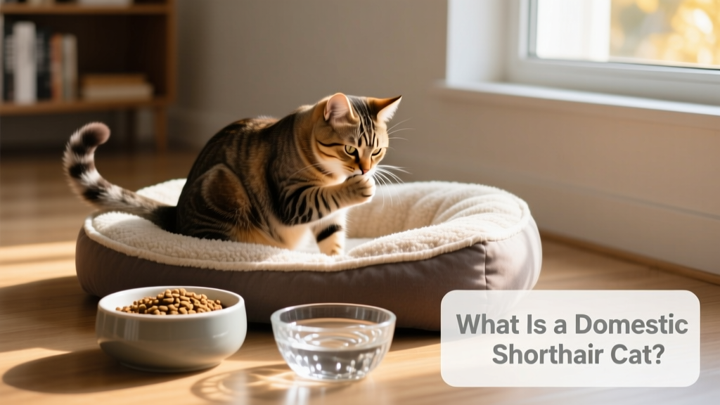 A domestic shorthair grooming itself on a cozy pet bed beside a bowl of high-quality dry food and fresh water