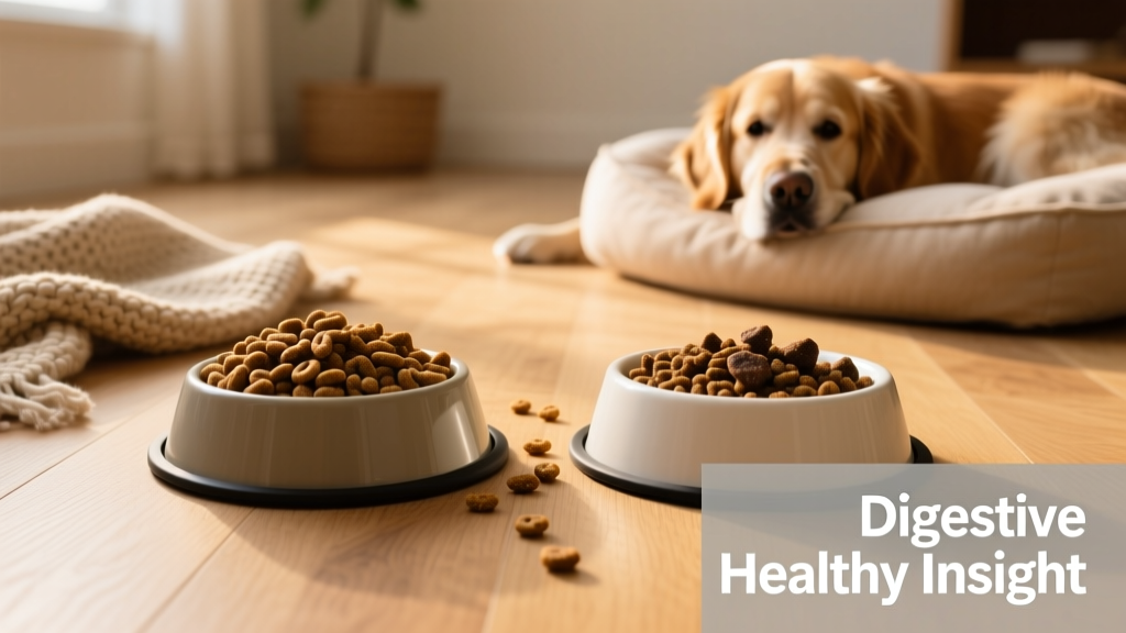 Side-by-side comparison of two dog food bowls: one with familiar kibble, the other with a mix gradually incorporating new food