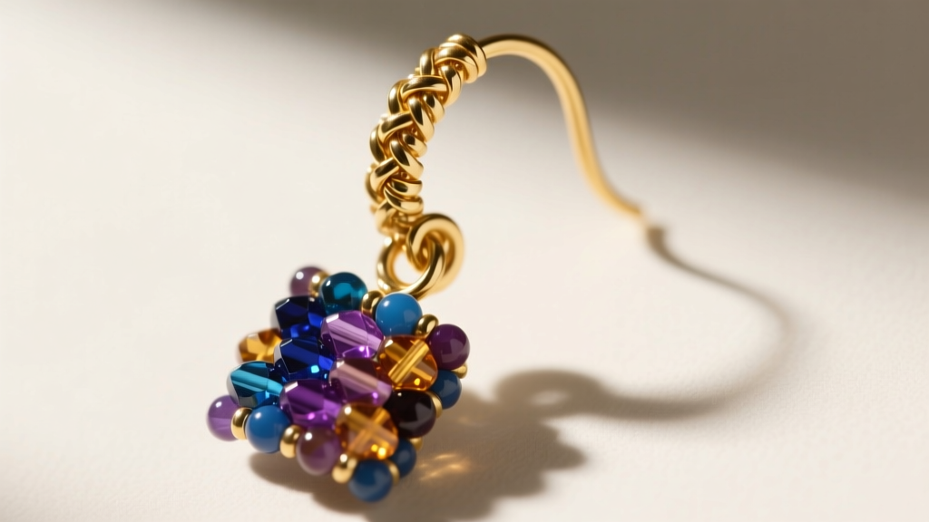 Detailed view of a 14k gold-filled leverback ear wire attached to a woven brick-stitch beaded earring component via a wrapped loop