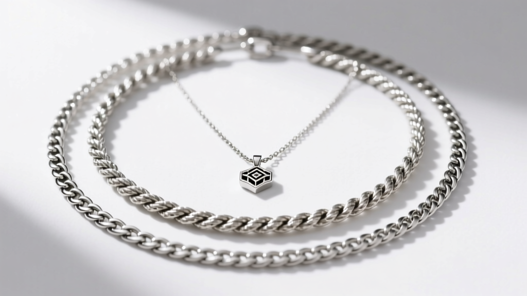 Overhead view of a 3mm herringbone silver chain layered with a textured rope chain and a small pendant on a delicate box chain