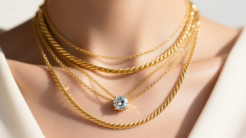 Close-up of layered 14k gold necklaces with a delicate cable chain and diamond pendant on a sunlit collarbone.