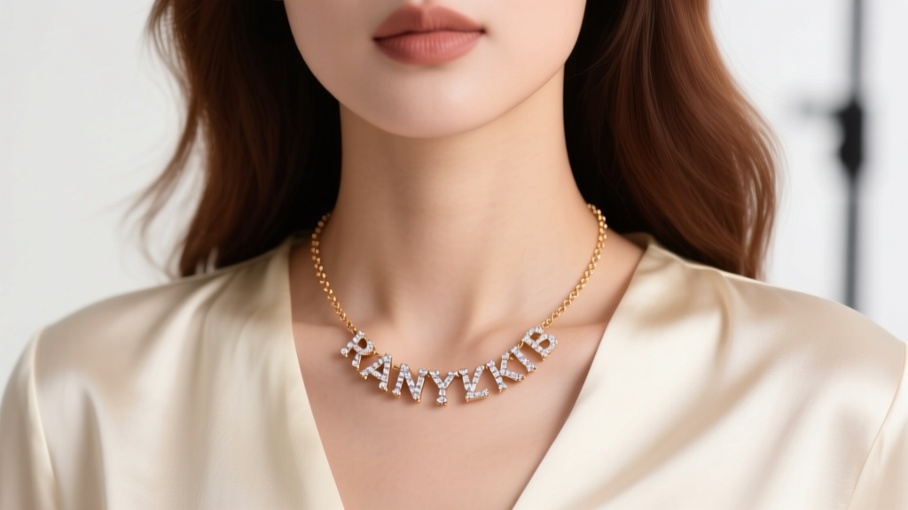 Close-up of a woman wearing a rose gold and diamond name necklace over a cream silk blouse, highlighting pave diamond lettering