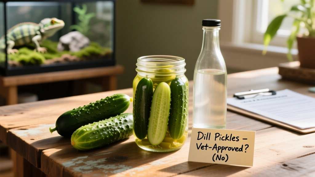 Close-up of a jar of dill pickles next to fresh cucumbers and vinegar bottle