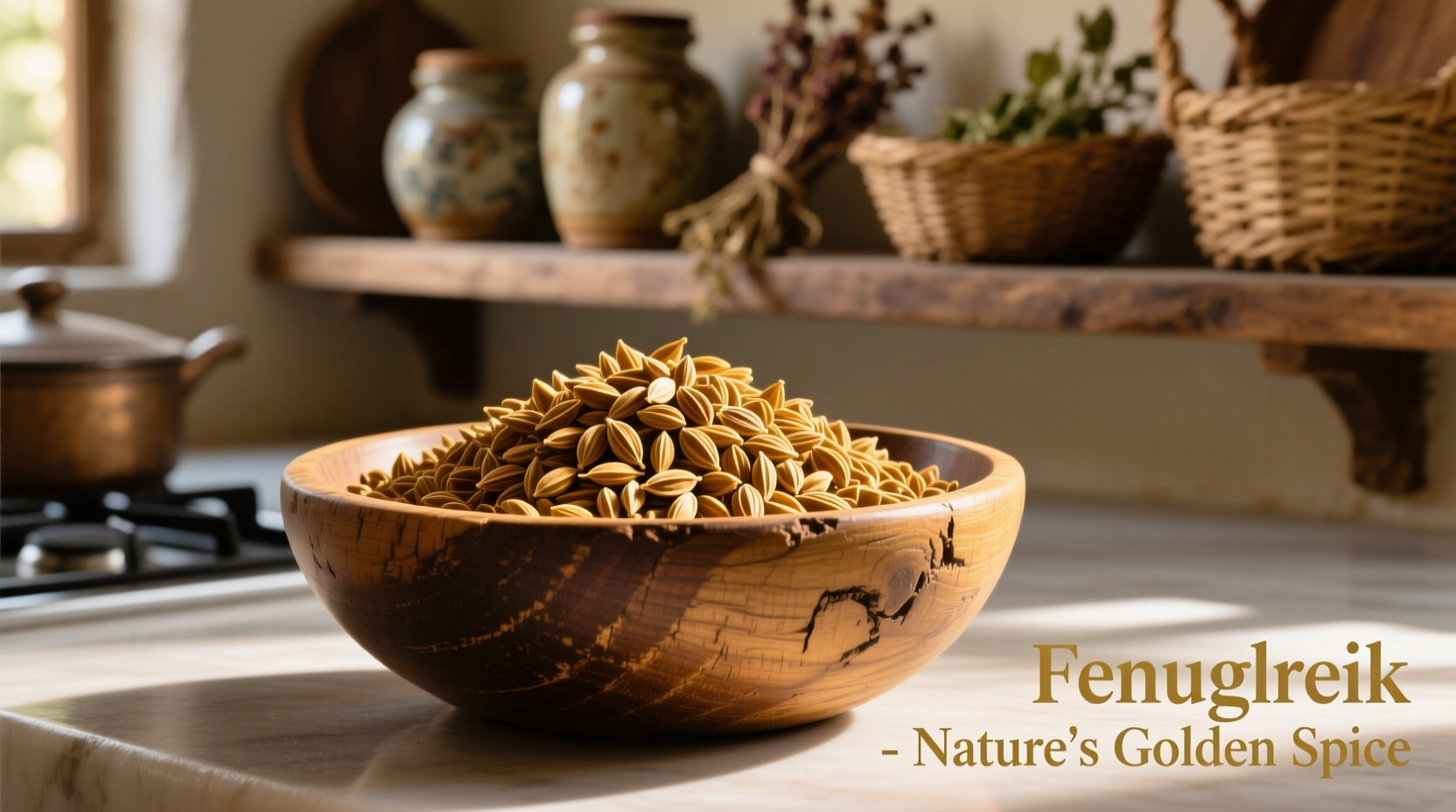 Golden fenugreek seeds in traditional wooden bowl