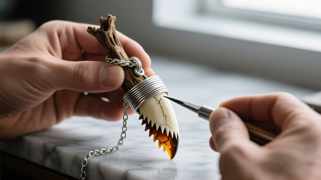 Jeweler wrapping 18-gauge silver wire around a megalodon tooth root, forming a secure custom pendant bail for heavy chains