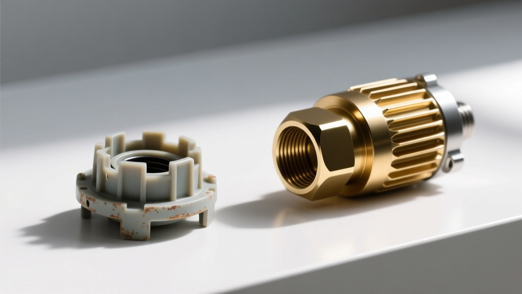 Stripped plastic drive socket on a budget blender base beside a solid metal hex drive on a premium commercial motor base