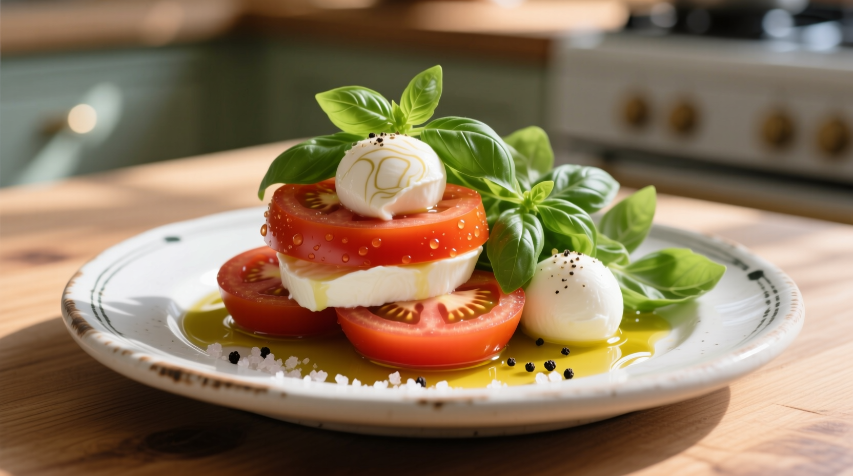 Freshly prepared classic caprese salad with tomatoes, mozzarella and basil