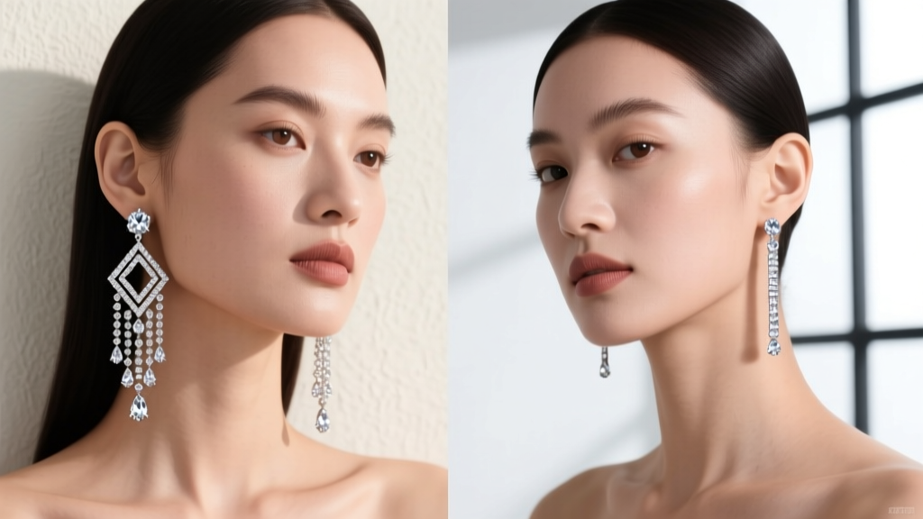Styling guide showing long diamond chandelier earrings on a square face and sleek linear diamond drops on a round face shape