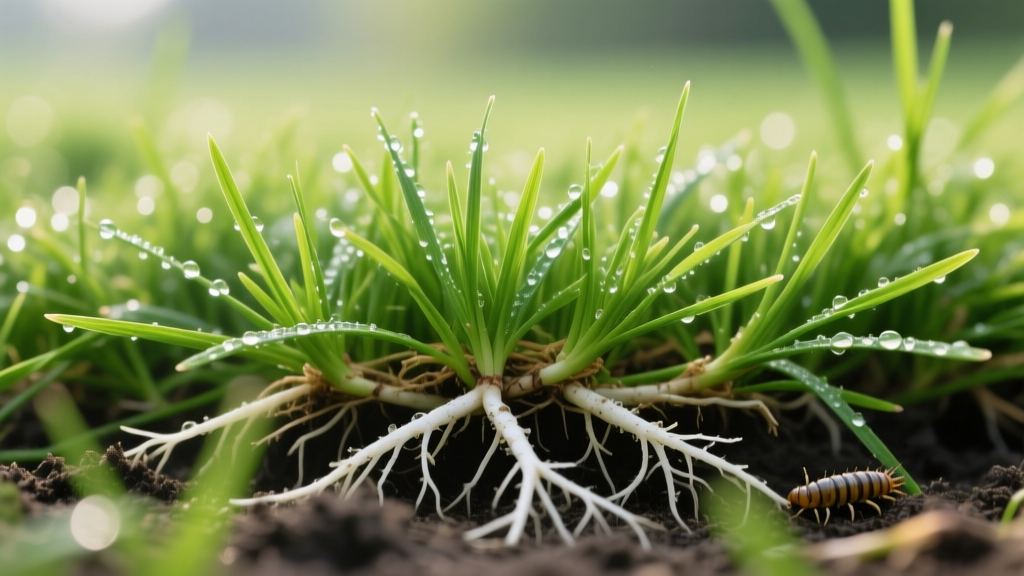 Close-up of healthy turfgrass roots free from white grub damage after chlorantraniliprole application in spring