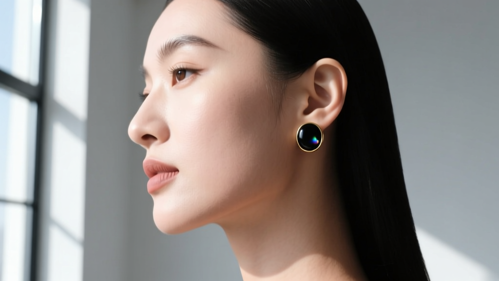 Side profile of a woman wearing minimalist 4mm black onyx stud earrings in matte black gold, soft lighting on cabochon surface.