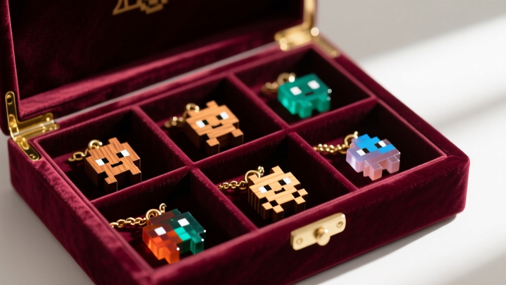 Velvet-lined jewelry box with individual compartments holding wooden and resin Terraria replica charms to prevent tangling.