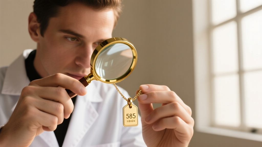 Jeweler examining a 14k gold necklace clasp with a magnifying glass to locate tiny 585 purity stamp engraved on the metal tag.