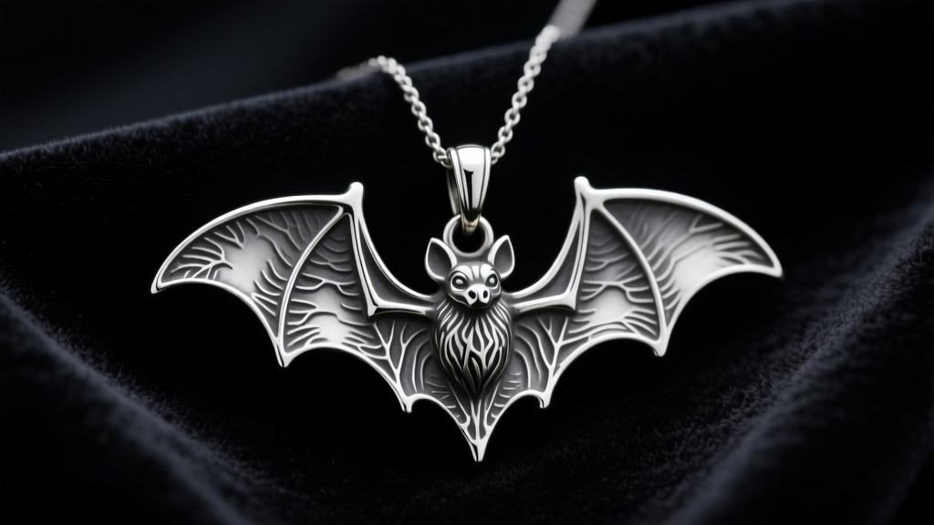 Sterling silver bat pendant on black velvet, showing detailed wings and a moody matte gothic finish under soft studio lighting.