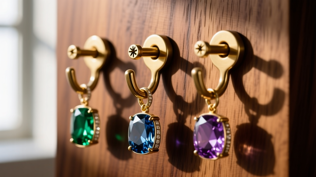 Close-up of solid brass jewelry hooks screwed into sealed oak wood, holding heavy gemstone pendants without scratching