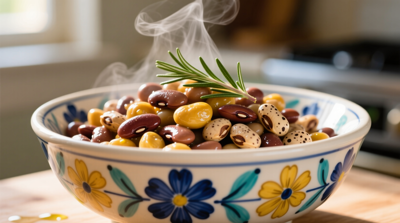 Freshly cooked beans in a colorful ceramic bowl