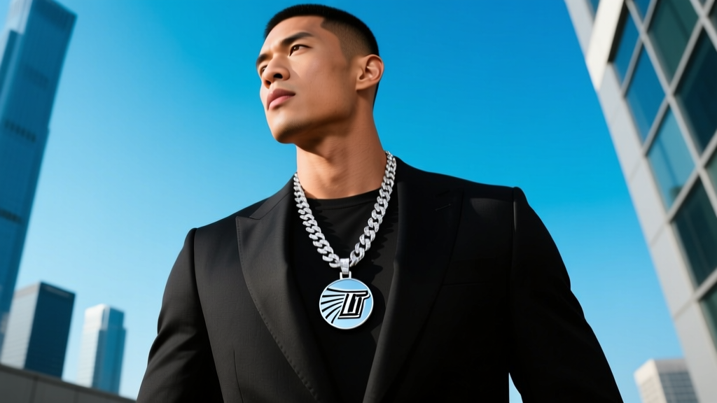 Athletic man in a tailored suit wearing a thick 12mm iced-out chain and large custom sports pendant, shot from a low chest angle.