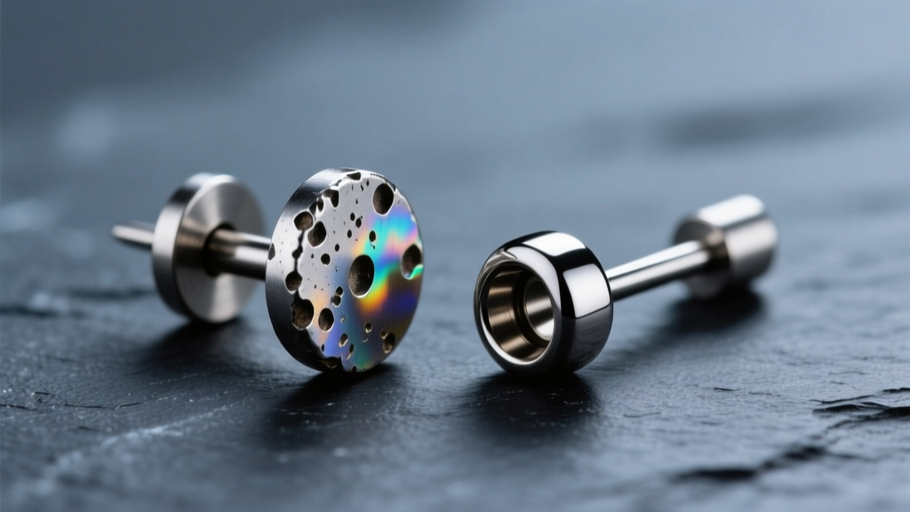 Macro photo of pitted steel earring post beside polished titanium threadless pin under bright studio lighting on dark slate