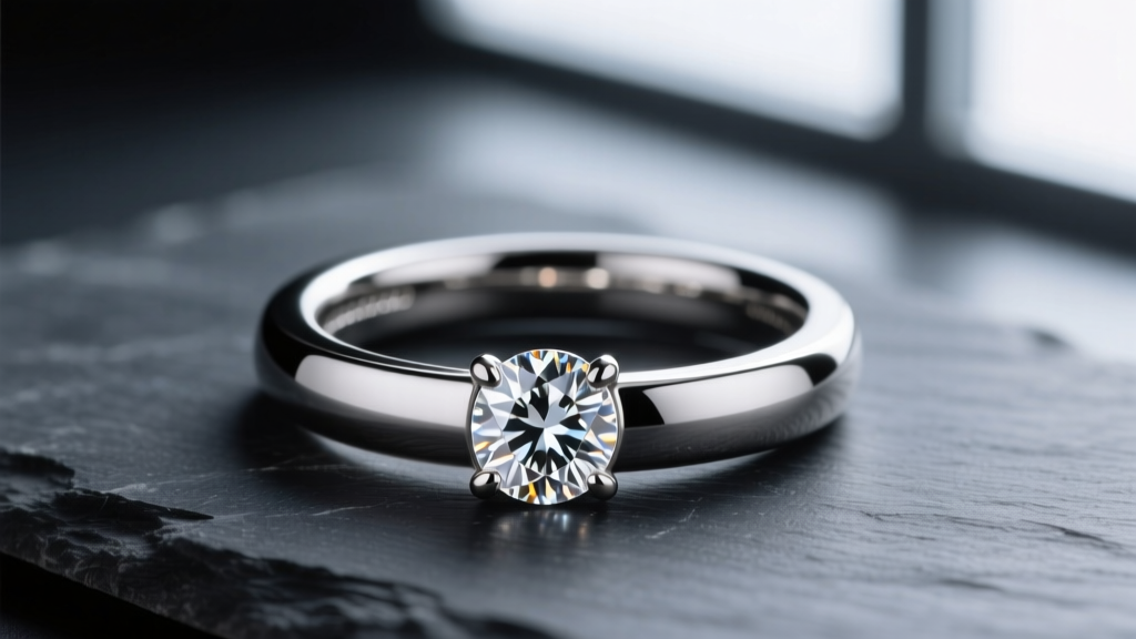 Close-up of a 16-gauge implant-grade titanium huggie hoop with a bezel-set lab-grown diamond, resting on a dark slate surface.