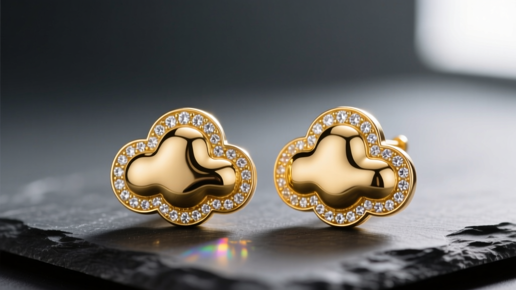 Macro shot of 14k gold cloud earrings with diamond accents on dark slate, highlighting fluffy texture and bright light reflection.