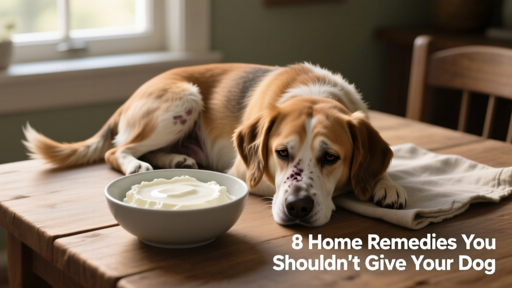 A bowl of plain cottage cheese beside a dog with mild diarrhea—showing a common but potentially misleading home remedy