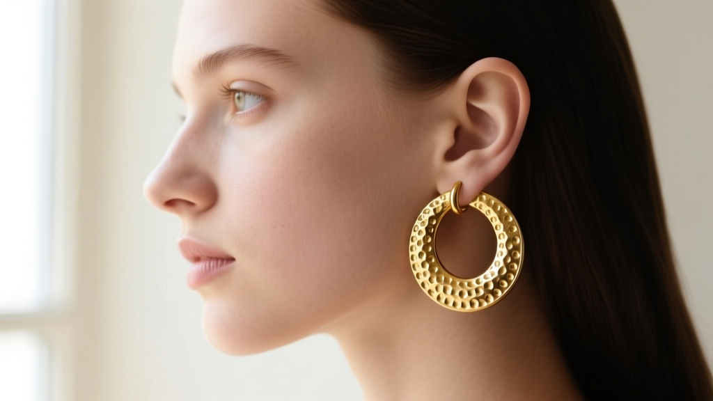 Side profile of a model wearing 14k gold huggie hoops with a hammered finish inspired by ancient Roman metalworking techniques