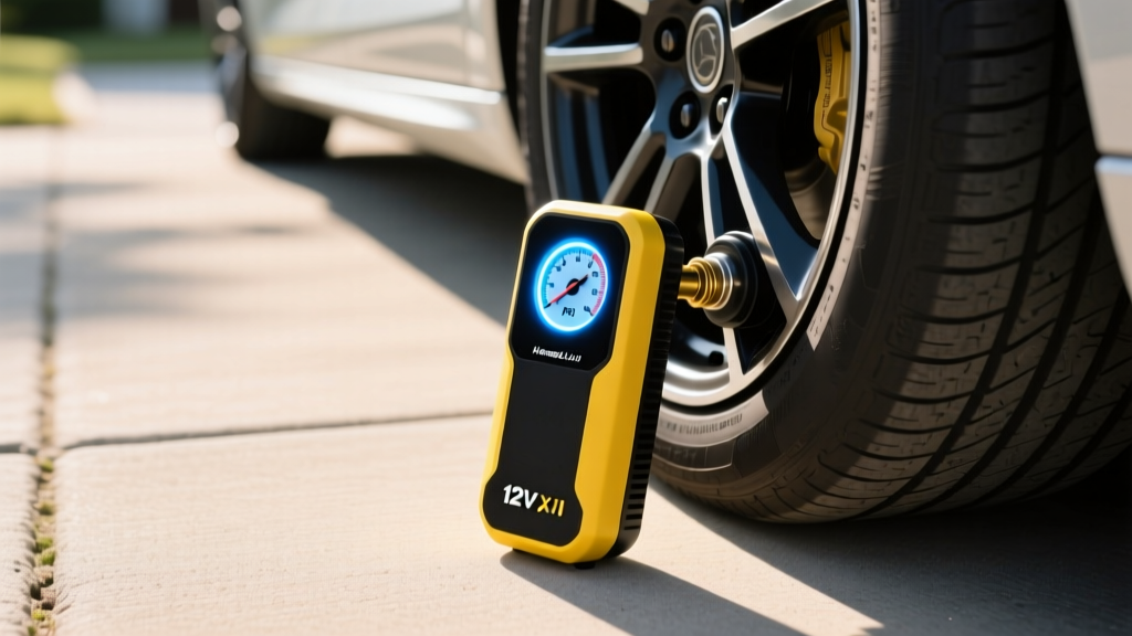 Portable black and yellow 12V DC tire inflator attached to a sedan tire valve stem on a concrete driveway with digital pressure gauge glowing