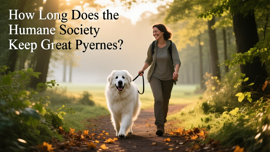 A happy Great Pyrenees walking beside a new owner on a forest trail
