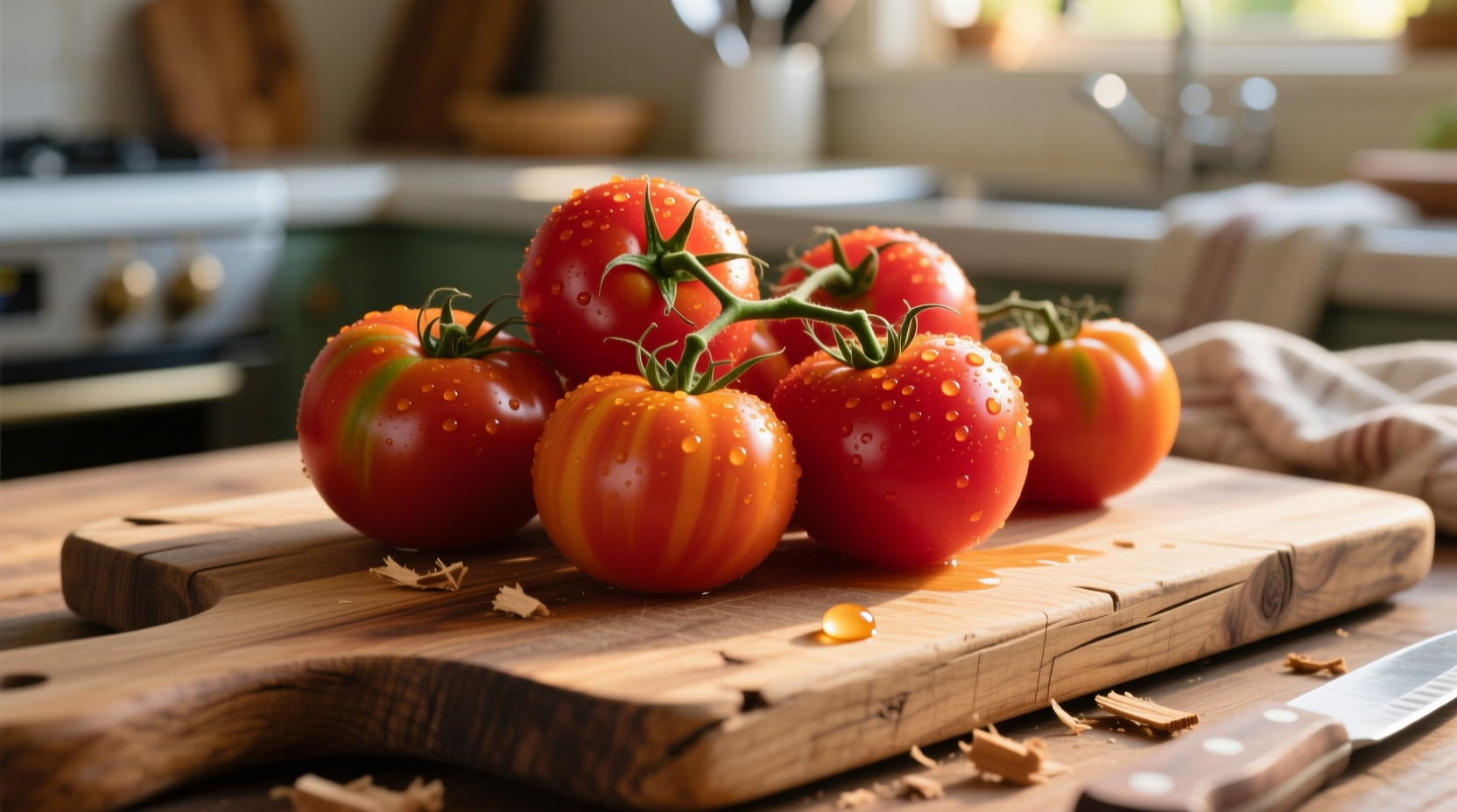 Fresh tomatoes on wooden cutting board