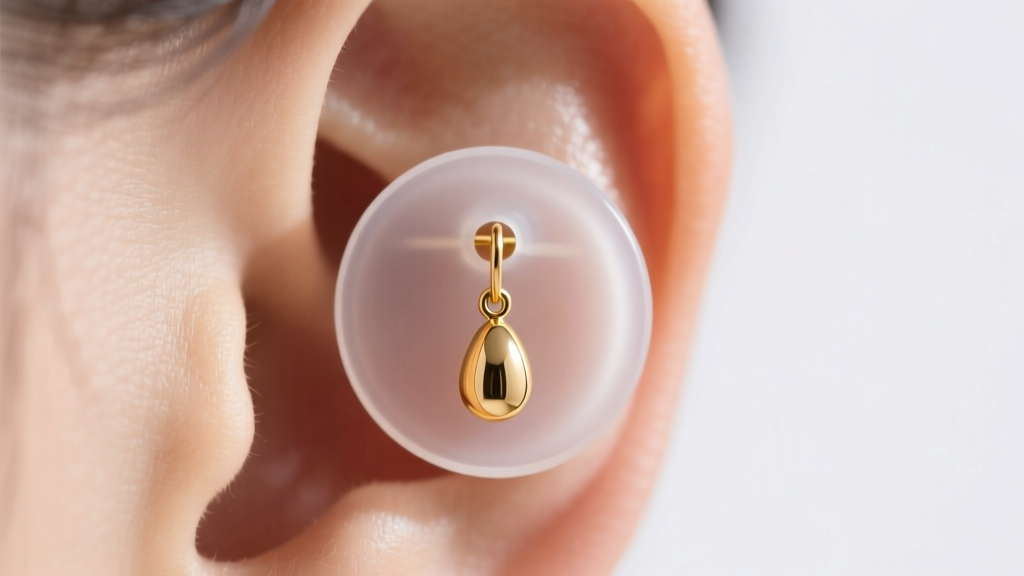 Macro shot of a clear silicone earring backing pad supporting a 14k gold drop earring on an exposed earlobe, sharp focus on pad