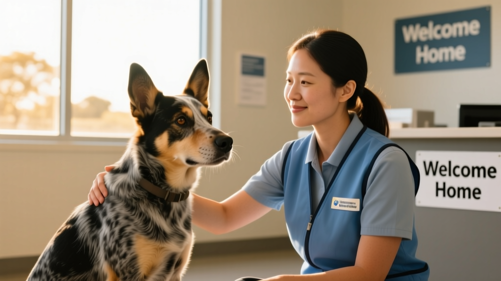 A calm Australian Cattle Dog sitting beside a compassionate shelter staff member during an intake consultation