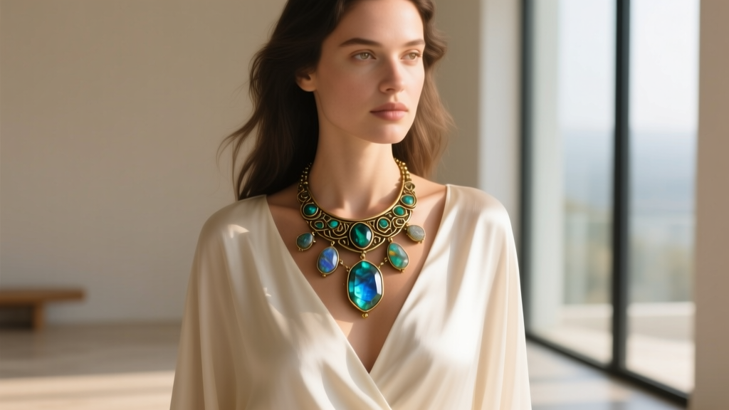 Woman wearing an atlantean crystal necklace over a V-neck tunic, highlighting oxidized brass and raw labradorite in soft sunlight.