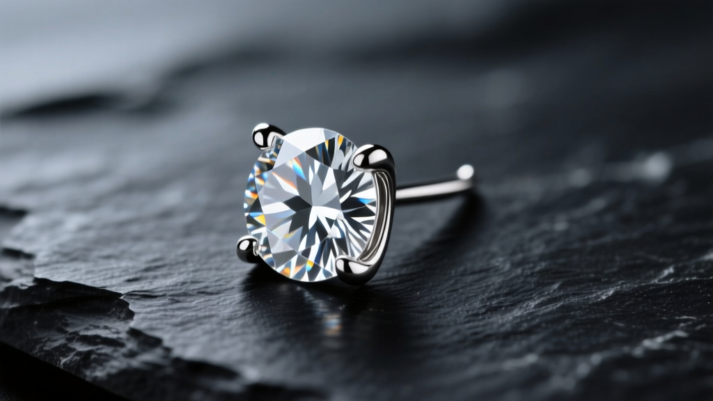 Macro photography of a 1-carat round brilliant diamond in a 4-prong platinum martini earring setting resting on dark slate