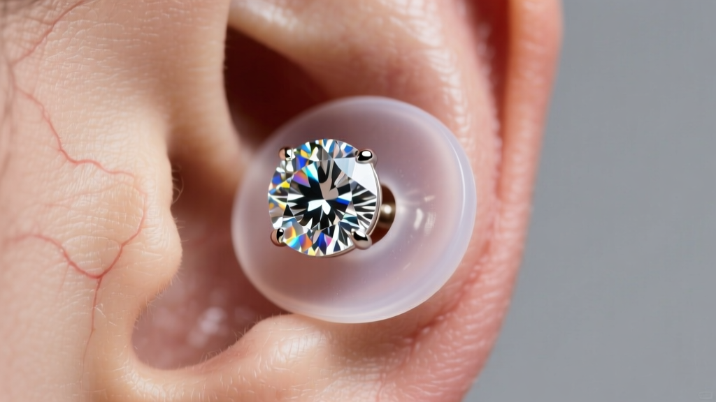 Macro shot of a heavy diamond stud earring supported by a clear silicone lifter patch on an earlobe under soft studio lighting