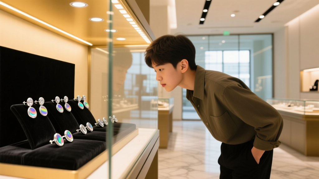Beginner examining a department store jewelry display case, focusing on sterling silver stud earrings under warm lighting
