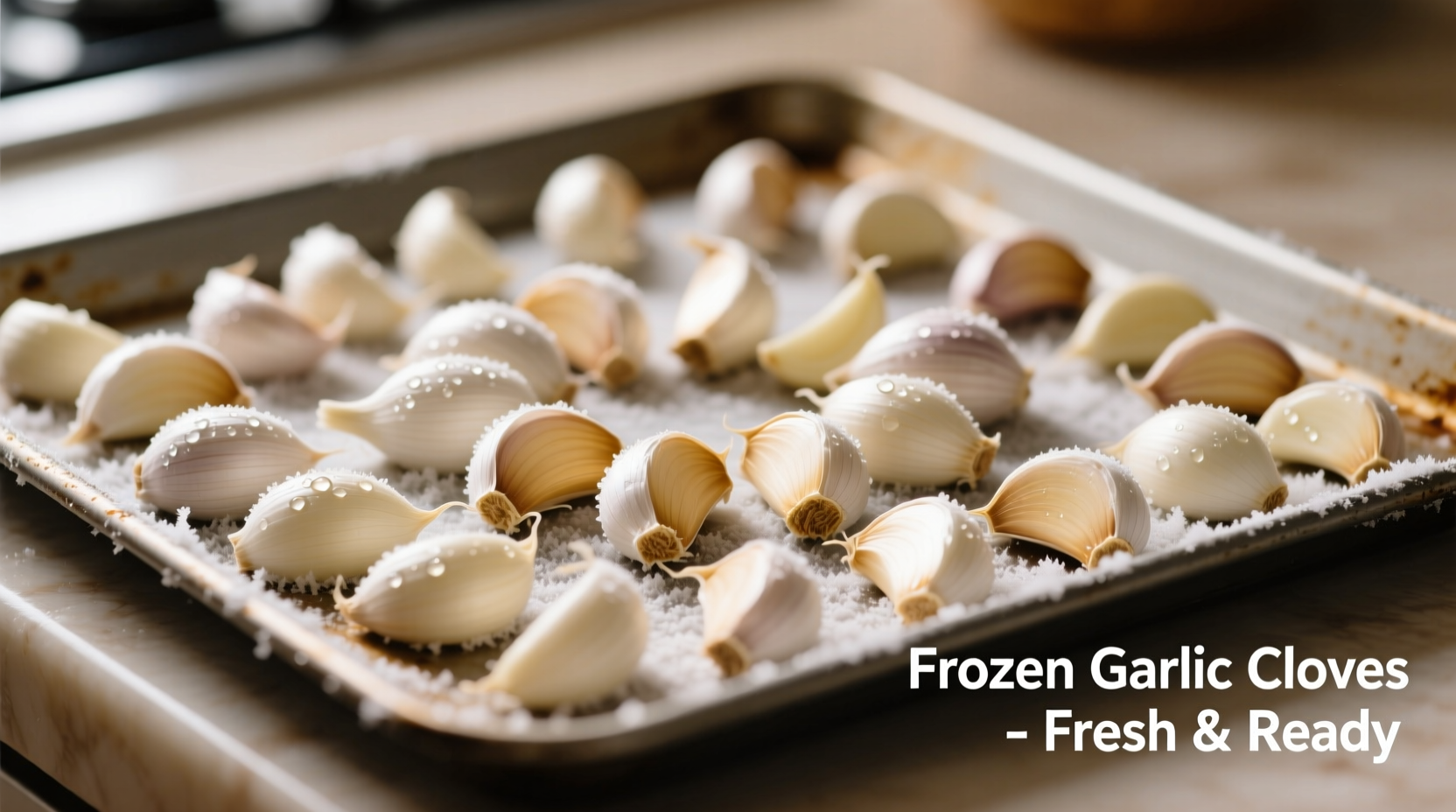 Garlic cloves arranged on baking sheet before freezing