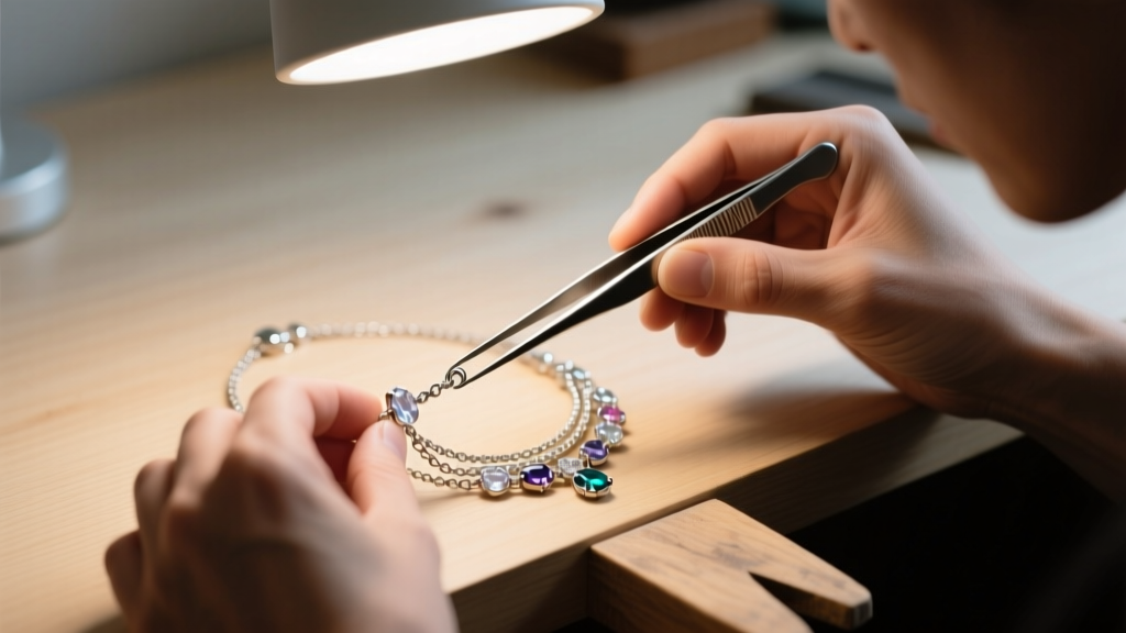 Jeweler using tweezers to attach an anti-tangle spacer to a multi-strand charm necklace on a wood workbench under a studio lamp.