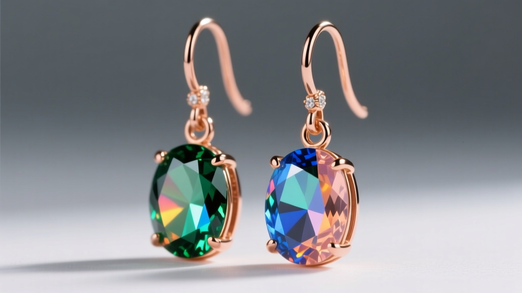 Close-up of 14k rose gold drop earrings prong-setting a gradient of natural rainbow tourmaline and sapphire briolettes on slate.