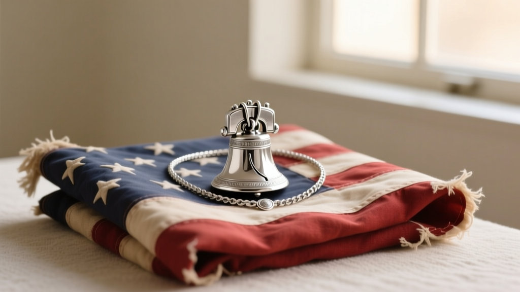 Polished sterling silver liberty bell necklace resting on a folded vintage American flag, lit by soft natural window light.
