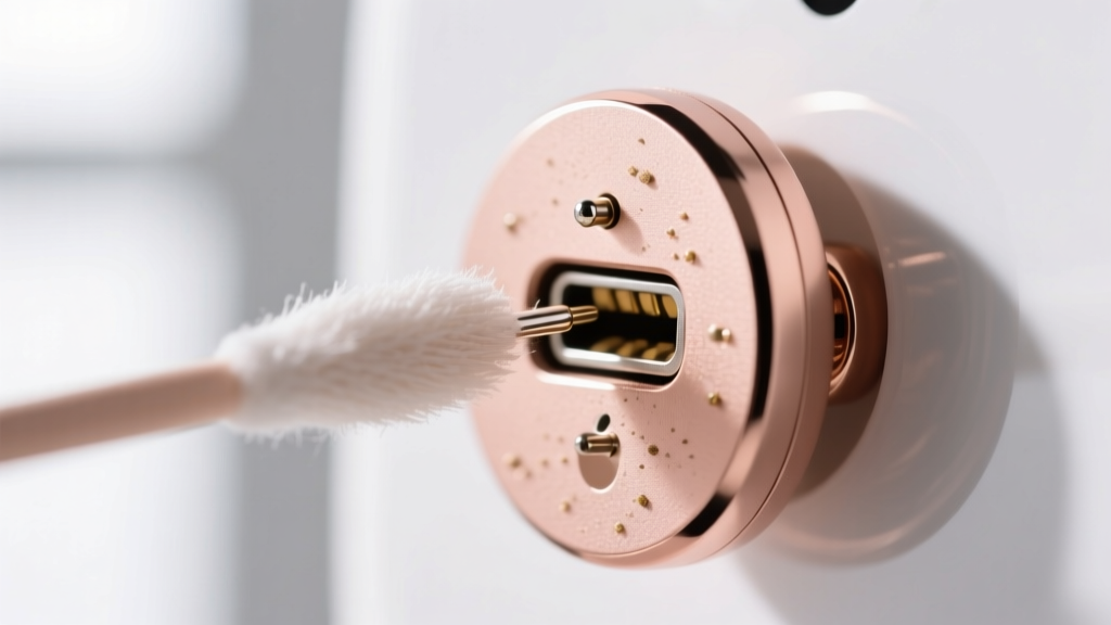 Macro view of a microfiber swab cleaning magnetic pogo-pin charging contacts on the back of a rose gold smart audio earring device