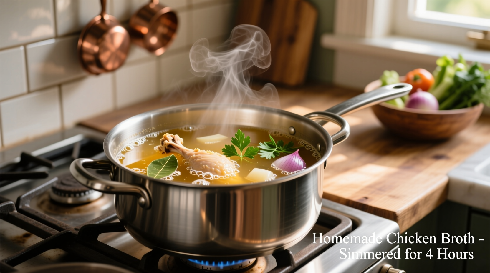Homemade chicken broth simmering gently in stainless steel pot