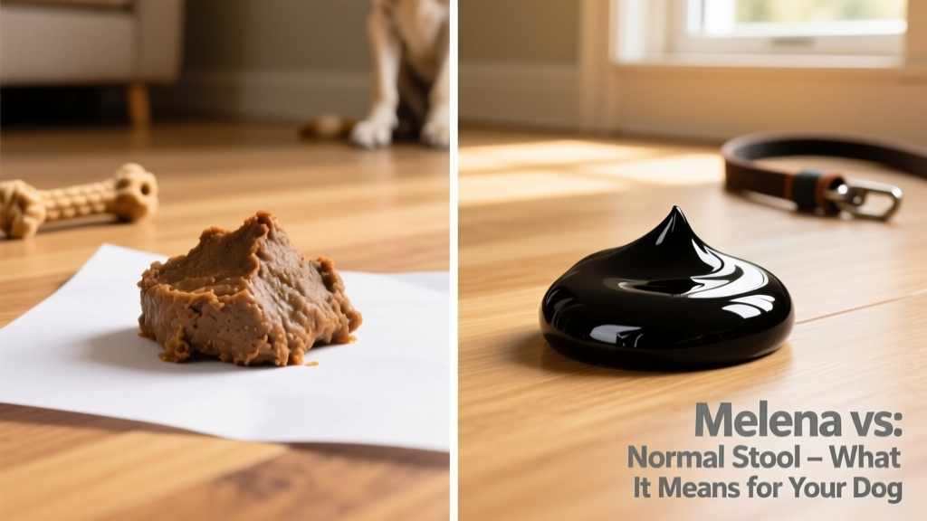 Side-by-side comparison: normal brown dog stool and dark, glossy melena stool