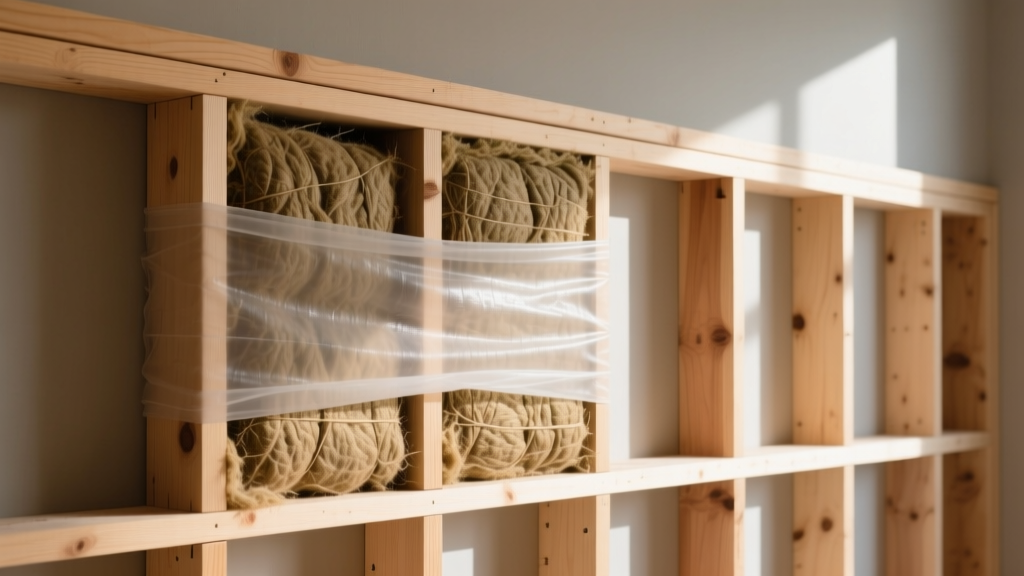 Cross-section of a timber frame wall revealing thick hemp batt insulation installed between wooden studs with a breathable membrane.