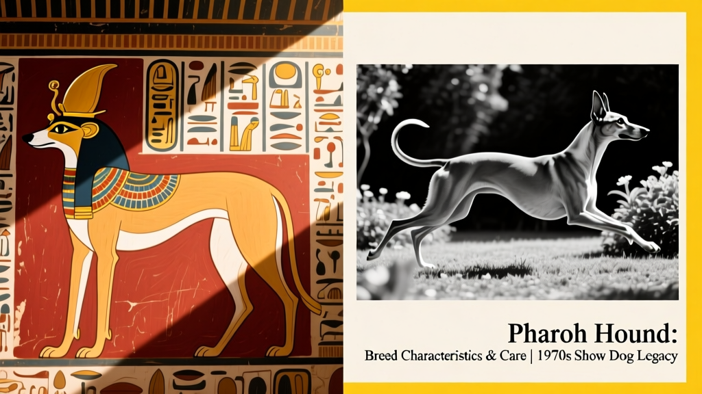 Ancient Egyptian tomb painting of a Pharaoh hound beside hieroglyphs, next to a modern photo of a champion Pharaoh hound from the 1970s