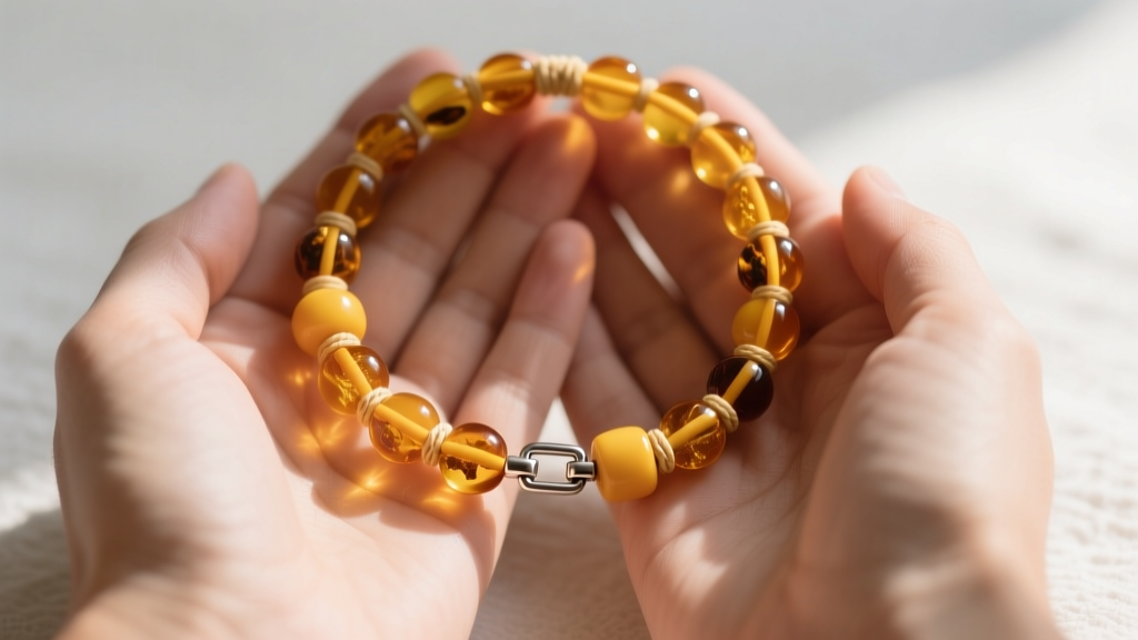 Parent hands holding a genuine honey-colored Baltic amber teething necklace with individually knotted beads and a safety clasp.
