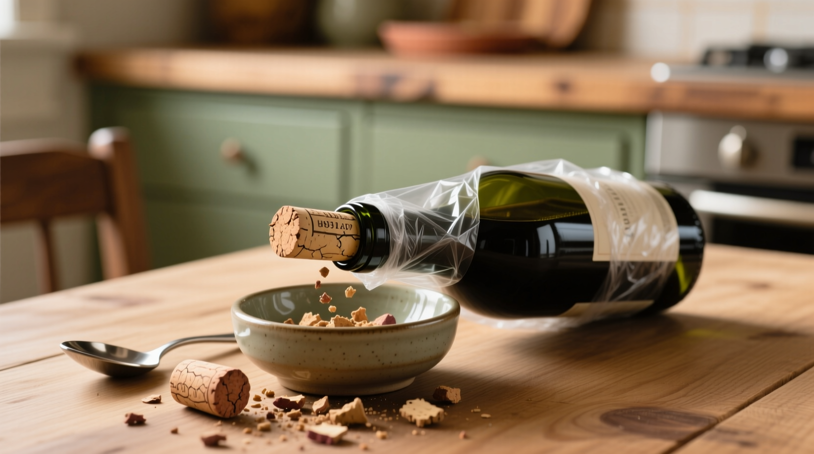 fix corked wine with a bowl and plastic wrap