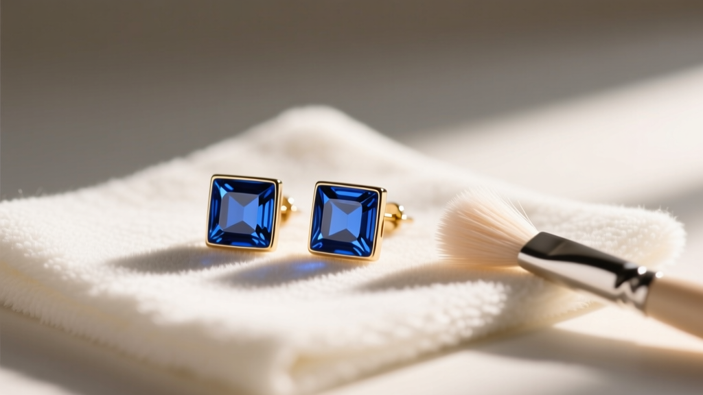 Macro shot of blue enamel square stud earrings on a microfiber cloth beside a soft cleaning brush in warm natural lighting