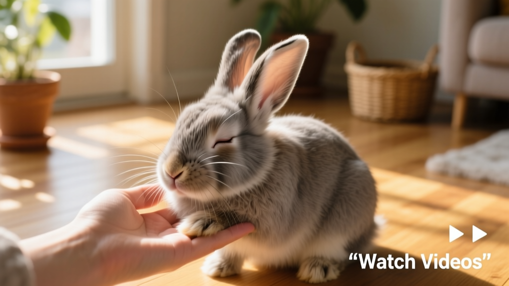 Close-up of a relaxed rabbit gently nuzzling its owner's hand