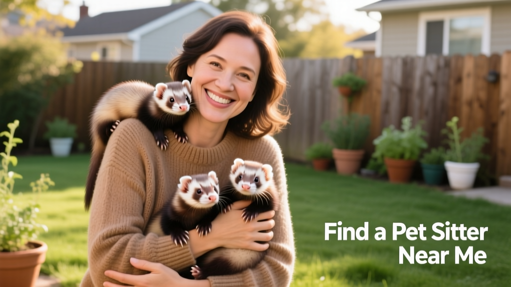 A smiling woman gently holding three ferrets, one resting on her shoulder and two cradled in her hands