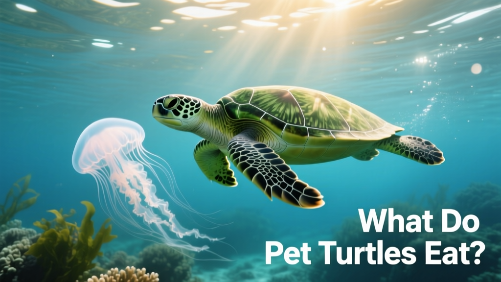 A green sea turtle gliding through ocean water toward a translucent jellyfish