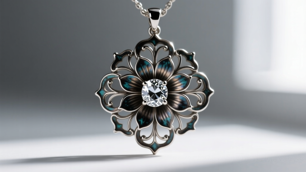 Macro shot of intricate floral metalwork on a Francesca pendant, showing oxidized silver details against a polished gemstone